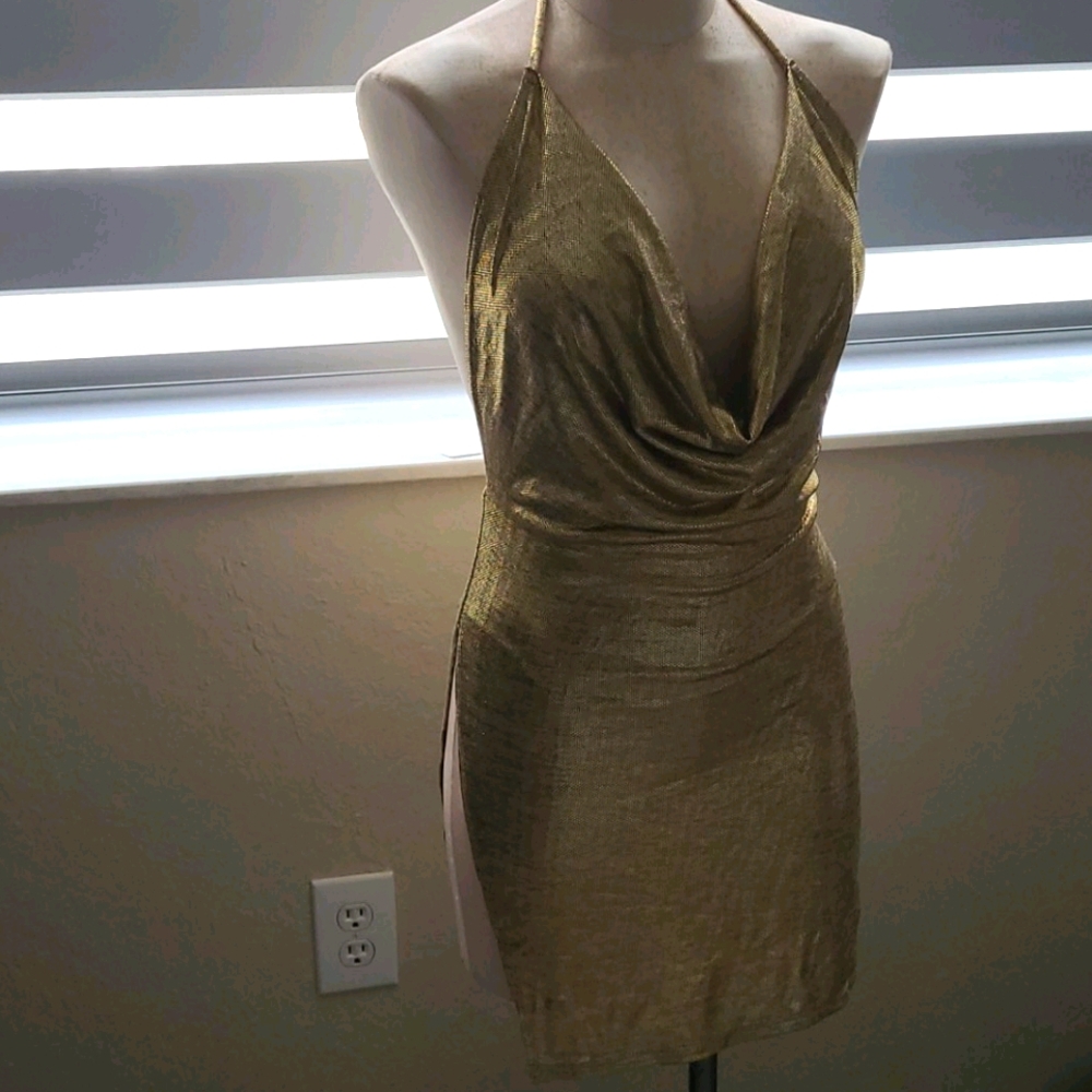 Sexy High Split Plunge Cowl Neck gold  Dress